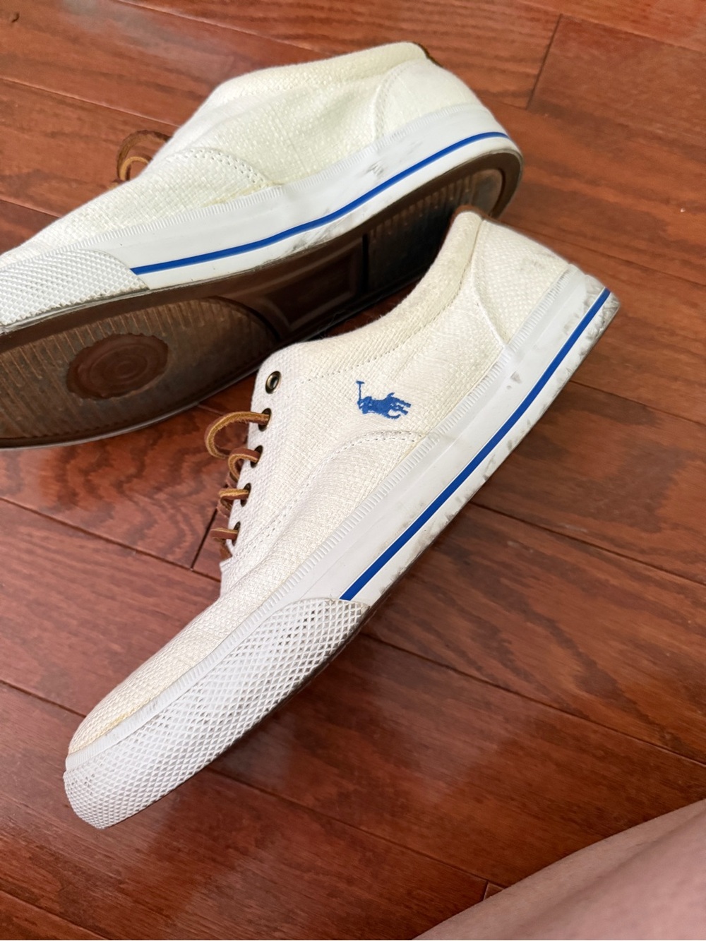 Polo by Ralph Lauren White Canvas Sneakers with Brown Trim and Blue Logo - Picture 4 of 6